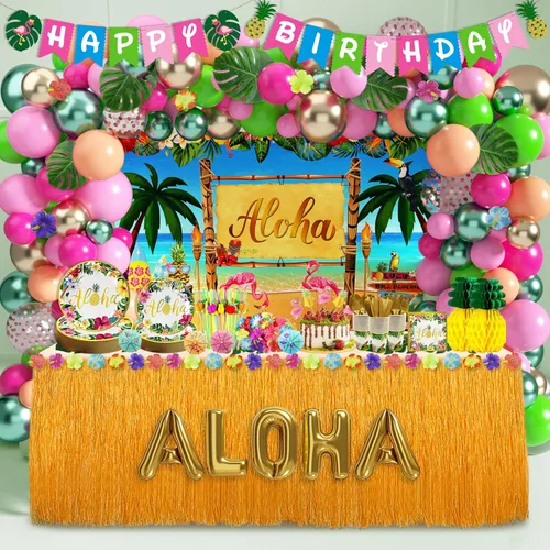 Luau - Decoraciones para fiesta de cumpleaños, 321 piezas, suministros de fiesta hawaiana tropical Aloha para verano, playa, vacaciones, juego de