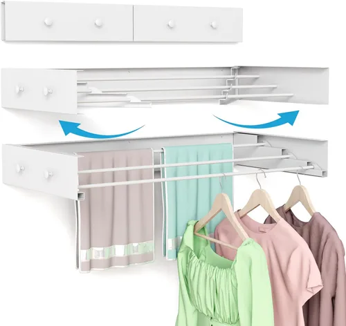 Tendedero de pared para lavandería de 23.6 pulgadas, tendedero plegable para secar ropa montado en la pared con 4 ganchos para toallas y 4 varillas,