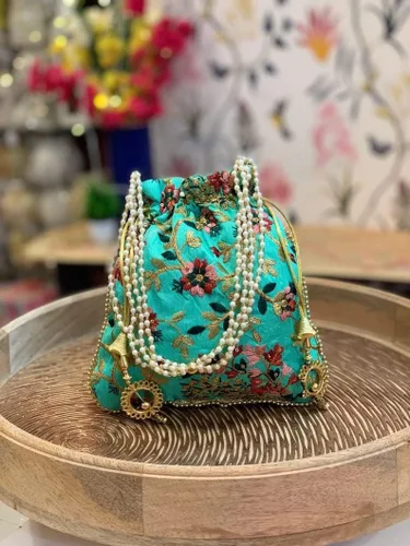 Miniatura 2 de Bolsa de seda bordada para mujer, diseño Potli, bolso de mano para mujer