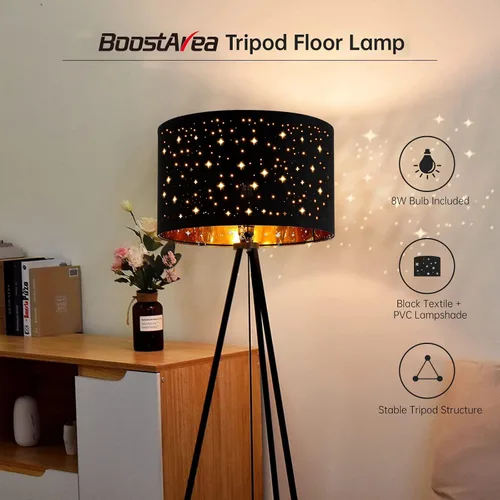Miniatura 2 de BoostArea Lámpara de pie, lámpara de pie con trípode, bombilla LED de 8W, pantalla decorativa, lámpara de pie estilo de mediados de siglo para sala