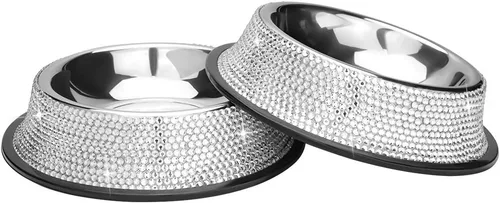 Miniatura 9 de SAVORI Cuencos pequeños para perros, hechos a mano con diamantes de imitación brillantes de acero inoxidable para mascotas, comedero doble de AB