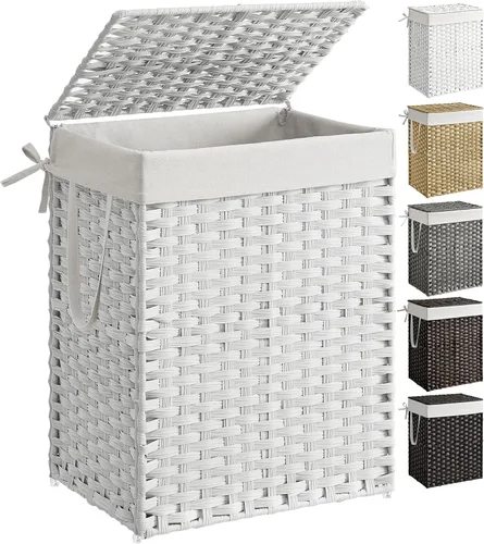 SONGMICS - Canasta para la ropa tejida a mano, 23.8 galones, ratán sintético, con tapa y asas, plegable, bolsa tipo forro extraíble, color blanco