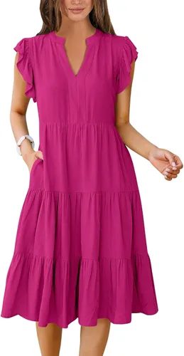 Miniatura 19 de ANRABESS Vestido de verano para mujer, manga con volantes, cuello en V, vestido midi a la moda, casual, holgado, escalonado, bohemio, playa