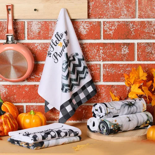 Miniatura 6 de Mixweer 6 toallas de cocina de Acción de Gracias, toalla de mano de calabaza blanca y negra de 16 x 24 pulgadas, diseño de búfalo de otoño a cuadros