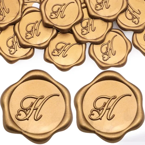 Miniatura 18 de SWANGSA Paquete de 50 calcomanías de sello de cera de letra A, diseño de corazón dorado antiguo, calcomanías de cera inicial para boda, fiesta