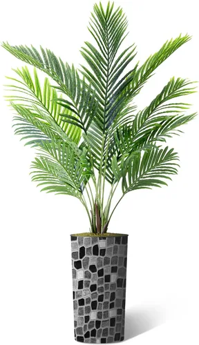 Miniatura 2 de Árbol artificial en macetero moderno con patrón geométrico, palmeras tropicales areca falsas de seda para decoración del hogar en interiores