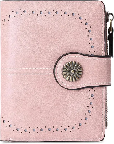 Miniatura 8 de Cartera pequeña para mujer, de piel, plegable, compacta, con bloqueo RFID, con bolsillo con cremallera para monedas, A01 Rojo Vino, Classic