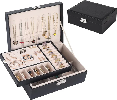 Joyero para mujer cuero con candado organizador portátil de joyas de 2 capas y caja de almacenamiento collares pulseras anillos soporte para aretes