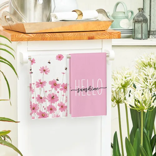 Miniatura 4 de Artoid Mode Juego de 2 toallas de cocina de primavera con diseño de abeja, diseño de flores rosadas, 18 x 26 pulgadas, decoración de vacaciones