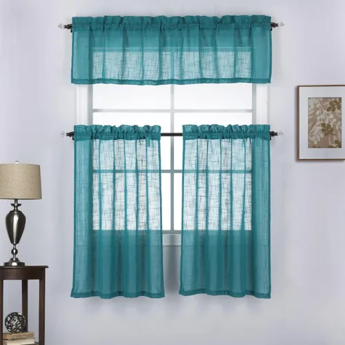 Miniatura 8 de Juego de 3 cortinas de lino con textura para ventana de cocina y cafetería, 24 pulgadas de largo, color negro