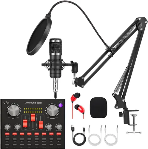 Paquete de equipo de podcast, kit de estudio BM-800 con convertidor de voz para jugadores, y mezclador DJ todo en uno perfecto para vlog de laptop,