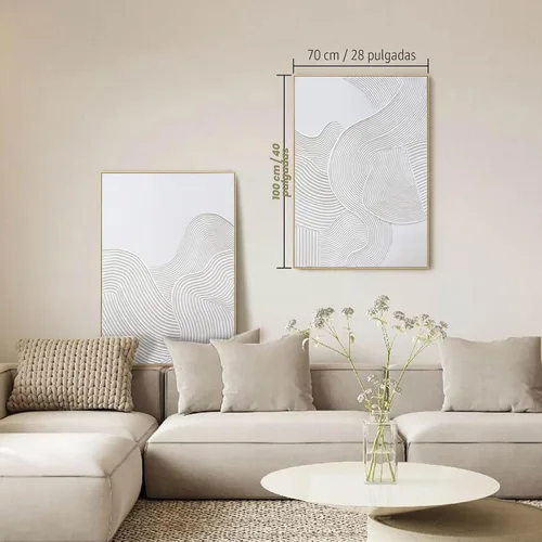 Miniatura 7 de Pintura de Arte de Pared Abstracta Neutra Enmarcada - Decoración de Pared de Lienzo Abstracto Grande con Ilustraciones de Curvas 3D Pintado a Mano