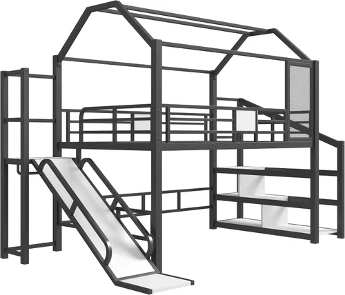 Miniatura 17 de Bellemave Cama Loft de Metal Tipo Casa Tamaño Twin con Tobogán y Escaleras, Marco de Cama Loft Casa de Juegos de Servicio Pesado con Estantes