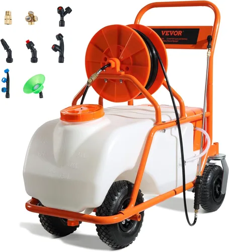 Miniatura 11 de VEVOR Pulverizador de mochila con batería de 4 galones con carro con ruedas, ajustable de 0-94 PSI, manguera de 13 pies, 6 boquillas, 2 varitas