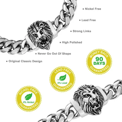 Miniatura 5 de Cadena de eslabones cubanos para hombre, gargantilla de león, collar de plata Hip Hop de 18 pulgadas, 20 pulgadas y pulsera de 8.5 pulgadas, juego