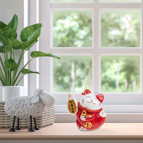 Miniatura 4 de Tofficu Adorable banco de monedas de cerámica roja de gato de la suerte, decoración de Feng Shui, bonita decoración de habitación, gato chino