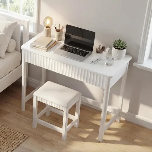 Miniatura 6 de ChooChoo Escritorio moderno de 40 pulgadas con cajones, escritorio de maquillaje con taburete acolchado, pequeño escritorio de oficina en casa