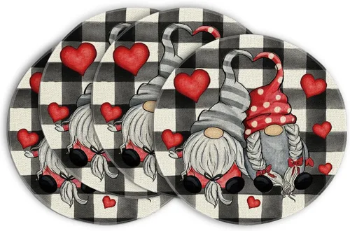 Miniatura 13 de Artoid Mode Juego de 4 manteles individuales con diseño de gnomos y corazones de San Valentín, 12 x 18 pulgadas, para boda, aniversario, primavera