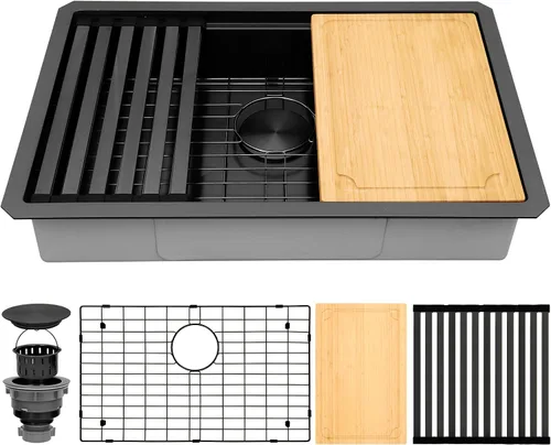 Miniatura 17 de Fregadero de barra de montaje inferior negro, fregadero de cocina de acero inoxidable 304S de calibre 16 con repisa de estación de trabajo