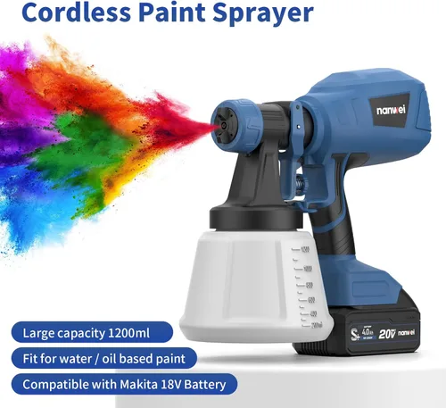 Miniatura 2 de NANWEI Pulverizador de pintura inalámbrico con 2 baterías, pistola de pulverización HVLP con recipiente de 40.6 fl oz, con 4 boquillas y 3 patrones