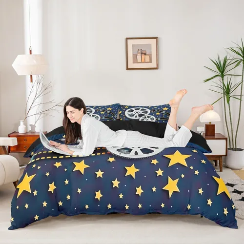 Miniatura 18 de Homewish Theater Cinema Poster Duvet Cover Set Twin Size,Retro Movie Bedding Sets 2Pcs for Kids Girls Boys Teens Room Decor,Popcorn Comforter Cover