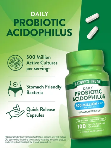 Miniatura 5 de Probióticos para hombres y mujeres Apoyo digestivo 500 millones de UFC 100 cápsulas Acidophilus Por Nature's Truth