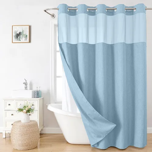 Miniatura 13 de eachope-Cortina de ducha de lino texturizado, forro de tela a presión, no necesita ganchos, ventana superior de malla, cal. hotelera de lujo, Crema