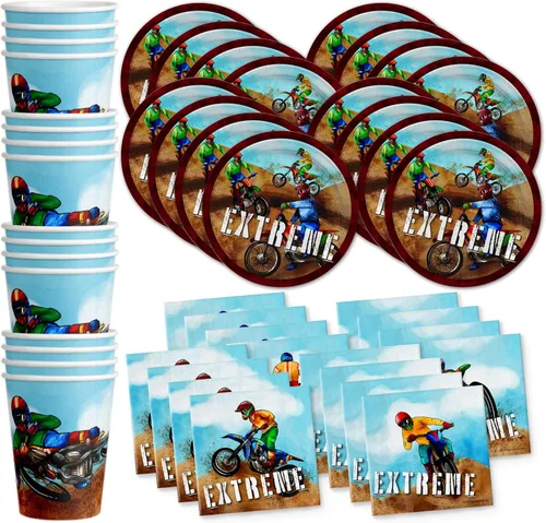 Miniatura 17 de Juego de suministros para fiesta de cumpleaños de motociclistas, platos, servilletas, vasos, vajilla para 16