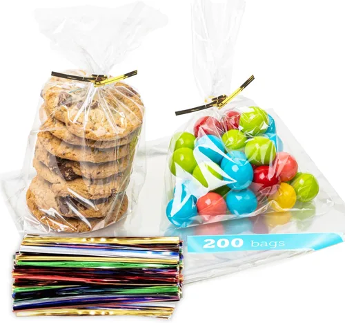 Miniatura 8 de TATTI Paquete de 200 bolsas de celofán transparentes para regalos, bolsas transparentes para fiestas de cumpleaños, bolsas transparentes de 6 x 9