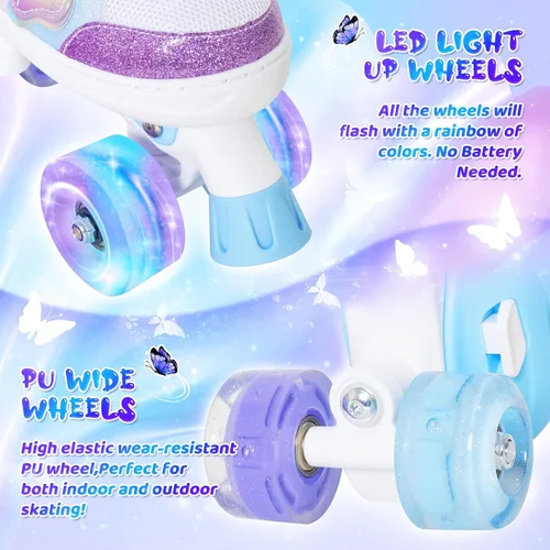 Miniatura 3 de MammyGol Patines de ruedas para niños y niñas, patines ajustables para niños con hermosas mariposas, principiantes de 3 a 16 años de edad, patines