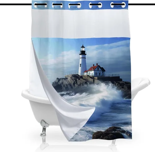 Miniatura 10 de Cortina de ducha con diseño de océano azul, faro, náutico, costero, escénico, naturaleza, rock, blanco, juego de decoración de baño, lavable a