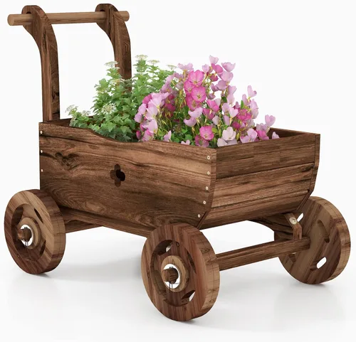 Miniatura 10 de S AFSTAR Carro de madera, soporte para maceta de flores de madera con 4 ruedas y agujeros de drenaje, maceta Amish, soporte de maceta rodante