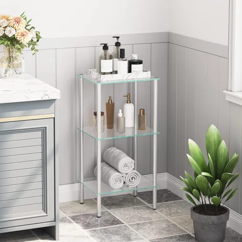 Miniatura 2 de HOOBRO Estante de cristal, unidad de estante de pie de baño de 3 niveles, estante de vidrio templado para espacio pequeño, organizador de soporte