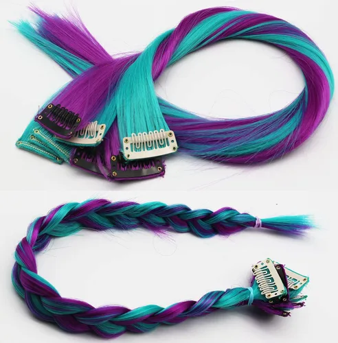 Miniatura 5 de 12 extensiones de cabello de colores rectas de 20 pulgadas, extensiones de cabello sintético con clip, color arcoíris, con reflejos, para fiesta