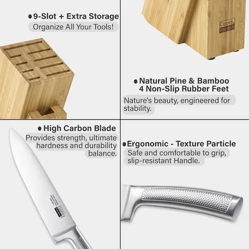 Miniatura 3 de Cooks Standard Juego de cubiertos de cocina de bambú clásico con cuchillos, hoja alemana de alto carbono de forja de acero inoxidable con bloque