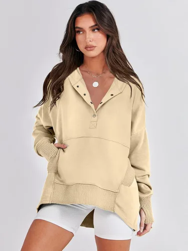 Miniatura 7 de ANRABESS Sudadera casual con botones y cuello en V para mujer, sudadera de gran tamaño con capucha y bolsillos