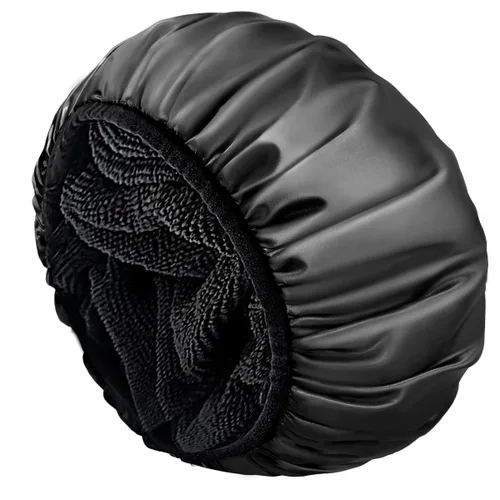 Aquior Gorro de ducha con forro de rizo para mujer, reutilizable, triple capa impermeable, extra grande para mujeres de pelo largo (negro)