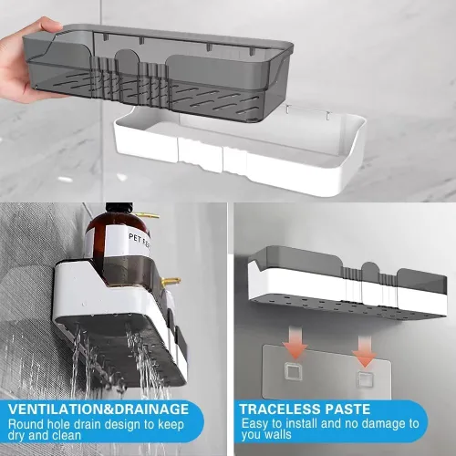 Miniatura 5 de Organizador de ducha sin perforación, organizador de ducha con jabonera, soporte para cepillos de dientes y ganchos de plástico desmontable grande