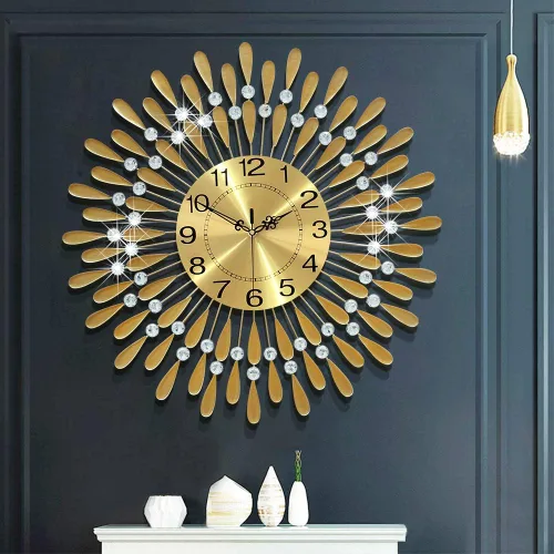 Reloj de pared grande de metal, decorativo, 3D, sin tictac, silencioso, de cuarzo, con números arábigos, para sala de estar, hogar, cocina, Oro ~