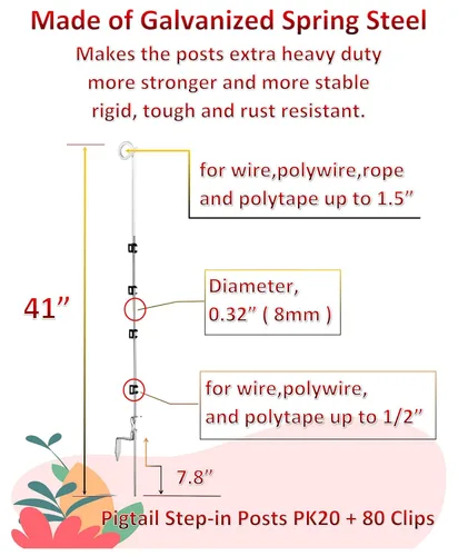 Miniatura 2 de PK20 - Postes de coleta para cercas eléctricas, diámetro de varilla de 0.32 pulgadas (0.315 in) x 41 pulgadas de altura con 80 aisladores