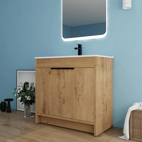 Miniatura 15 de Tocador de baño pequeño de 16 pulgadas con lavabo, tocador de baño independiente de 16" para espacios pequeños, gabinete de madera contrachapada