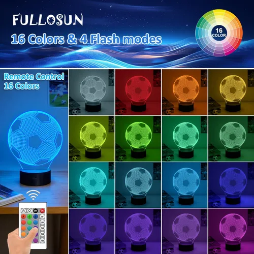 Miniatura 5 de FULLOSUN Luz nocturna para niños, fútbol, lámpara de ilusión óptica 3D con control remoto, 16 colores cambiantes, fútbol, cumpleaños, Navidad, día