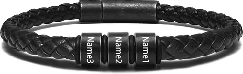 Miniatura 26 de Pulsera personalizada para hombre con cuentas de nombre personalizadas, pulsera de cuero trenzado personalizada grabada con 2-6 nombres