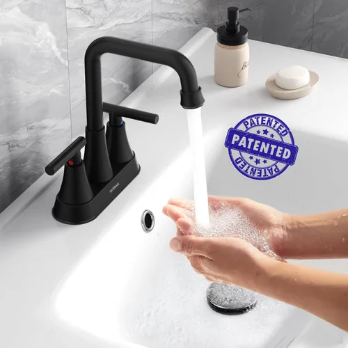 Miniatura 3 de Grifo de Lavabo de Baño Negro Mate, Hurran Grifos de Baño de 4 Pulgadas para Lavabo de 3 Orificios con Desagüe Pop-up y Líneas de Suministro, Grifo