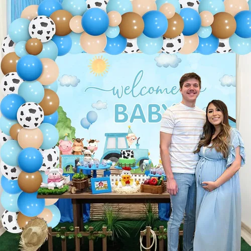 Miniatura 4 de Decoraciones de baby shower de animales de granja azules – Kit de arco de guirnalda de globos de animales de granja con fondo de bienvenida