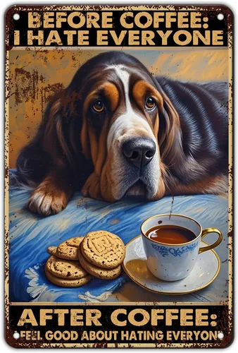 KIYOYO Basset Hound Dog - Cartel de metal vintage de hound con texto en inglés "Before Coffee After Coffee" (Antes del café después del café) para