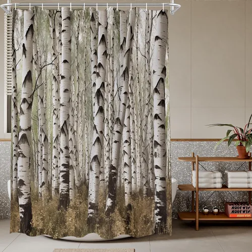 Miniatura 9 de TheBlackSpot Juego de cortinas de ducha de bosque rústico de granja, diseño botánico abstracto, abedul, naturaleza, juego de cortinas de baño