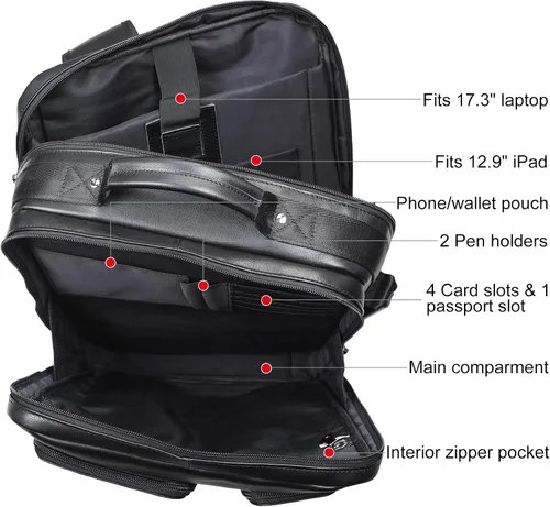 Miniatura 3 de TIDING Mochila para portátil de cuero de grano completo de 17.3 pulgadas para hombres, multibolsillos, casual, mochila de viaje de negocios, Negro