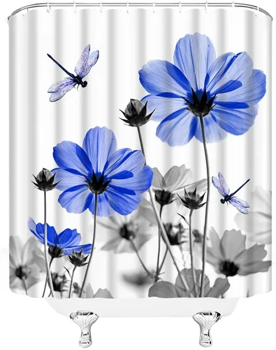 Miniatura 3 de Cortina de ducha floral azul y gris, planta rústica, retro, margarita, abstracta, elegante, natrue de tela con ganchos