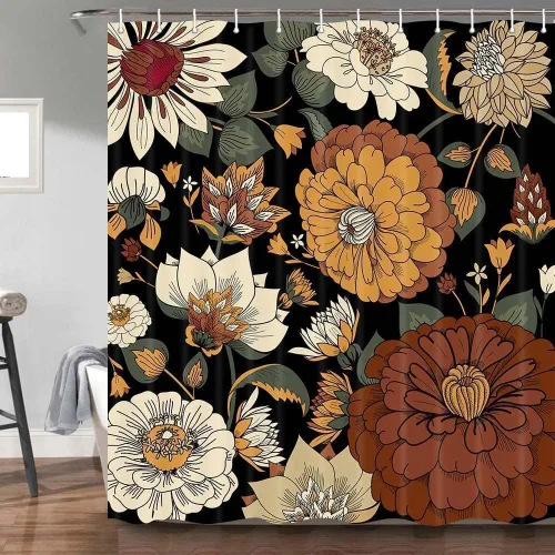 Miniatura 26 de Torich Cortina de ducha floral bohemia, abstracta de mediados de siglo, decoración bohemia, cortinas de baño, flores botánicas, hojas tropicales